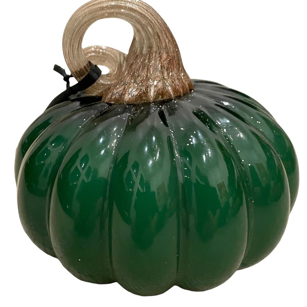 CHRISTIAN SIRIANO Hand Blown Art Glass Pumpkin Emerald Green Gold Stem New - Picture 3 of 10